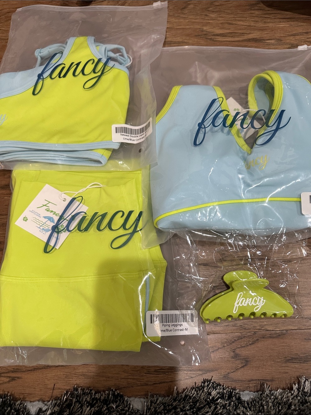 Fancy Mystery BoxWomen’s Lime Green & Light Blue Tank, Bra Top, Legging & Clip